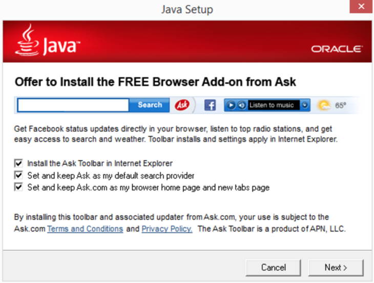 Oracle adds toolbars through the Java installation
