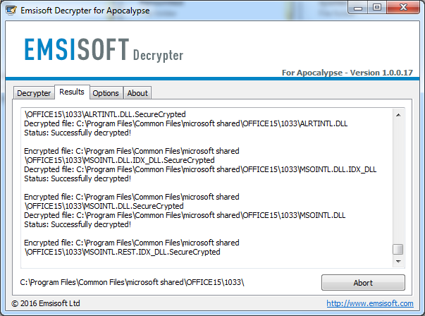 The Emsisoft Apocalypse decrypter at work