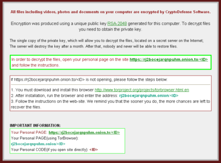 The ransomnote left by CryptoDefense on the victim's computer