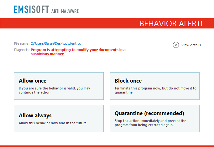 Users of Emsisoft Anti-Malware and Emsisoft Internet Security are protected from Ransom32 and other ransomware families by the behavior blocker