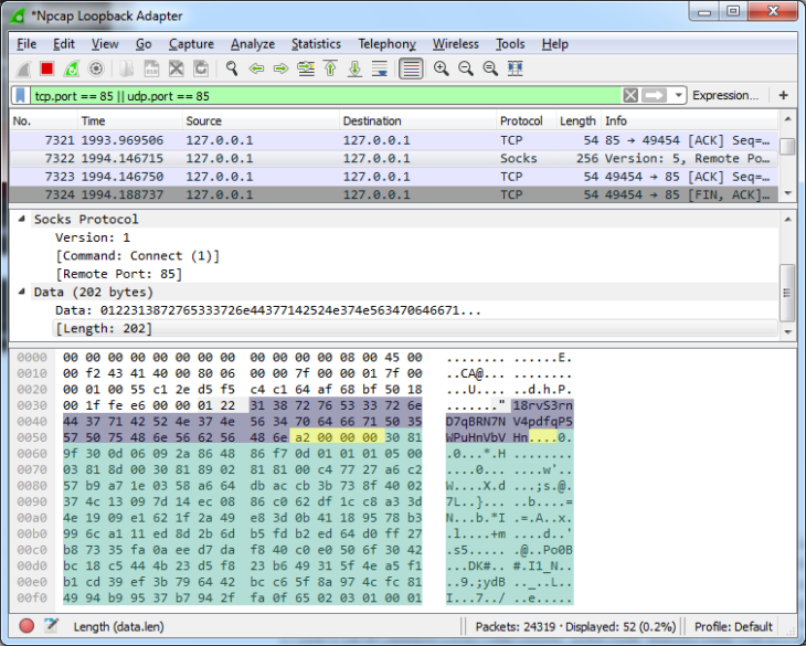 Part of the custom protocol exchange between Ransom32 and its command and control server to exchange Bitcoin address (purple) and public key (length yellow, key green)